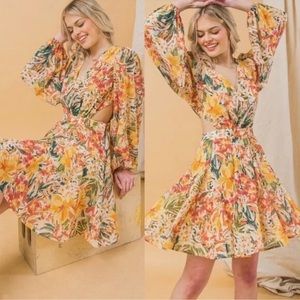Pink Lily radiant glow tropical cut out sides long balloon sleeves floral dress